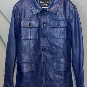 Men's Blue ‘Real Leather’ Leather Jacket Size Medium
